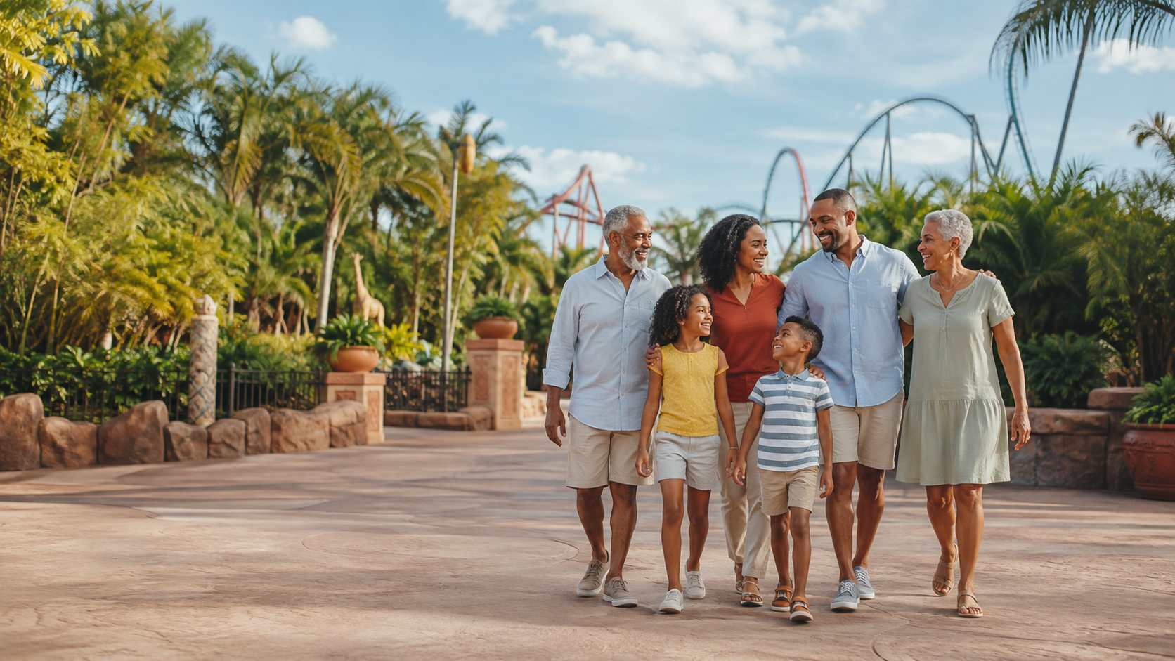 Multigenerational family enjoying a Tampa theme-park day with tropical landscaping and roller coasters