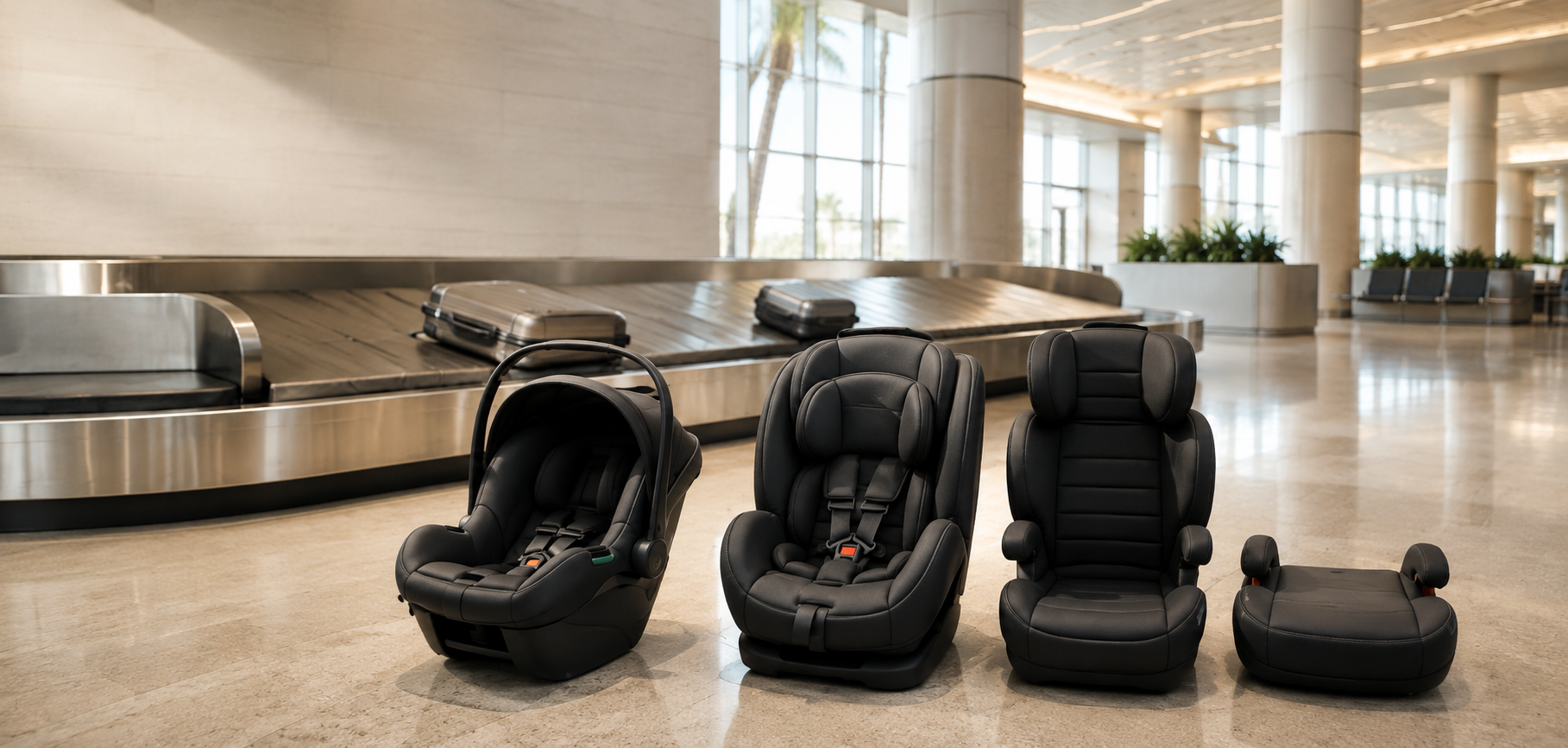Four complimentary child car seat options displayed at an airport baggage claim: infant, rear-facing, forward-facing, and booster seats