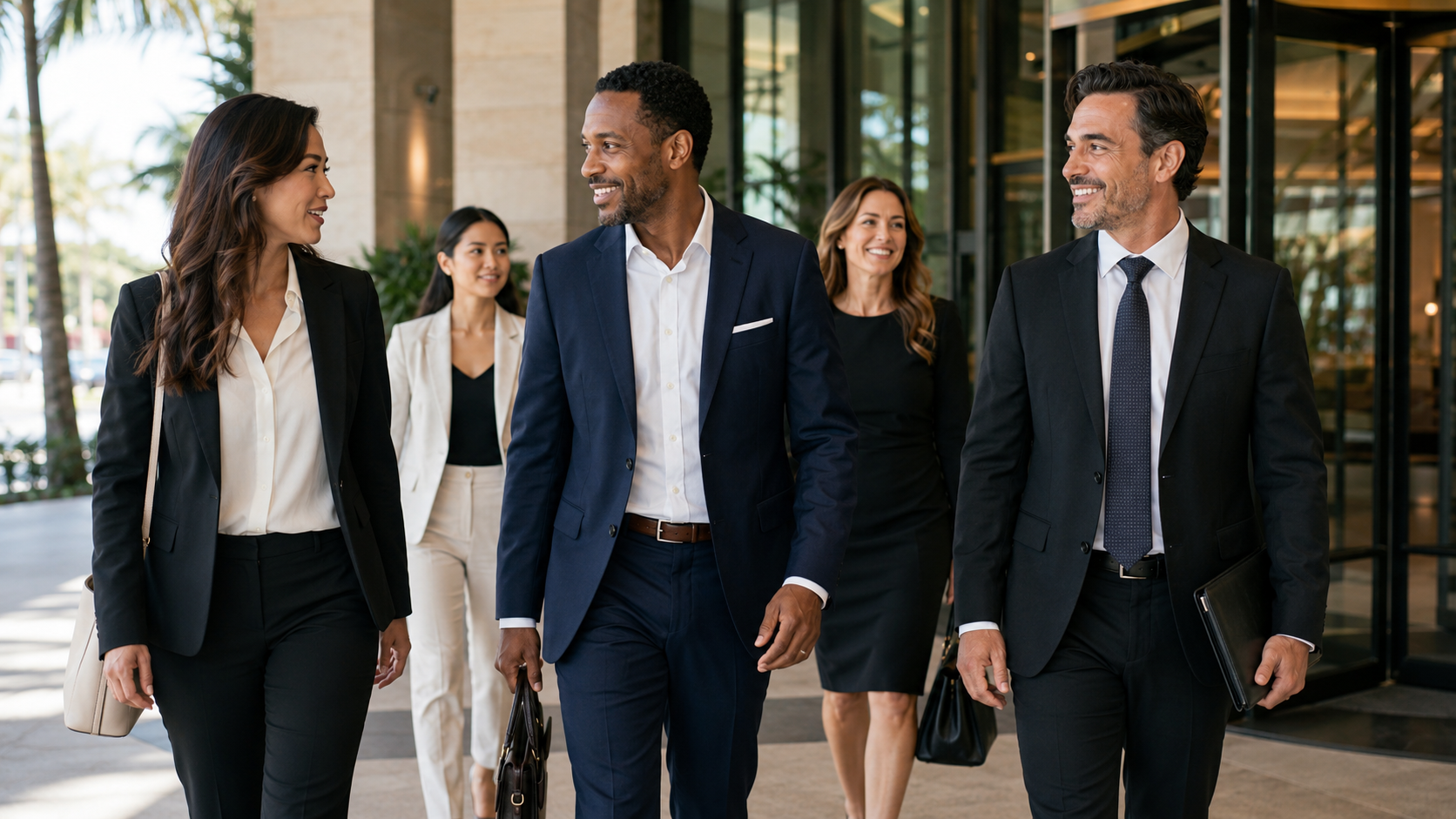 Business professionals arriving together calm and prepared