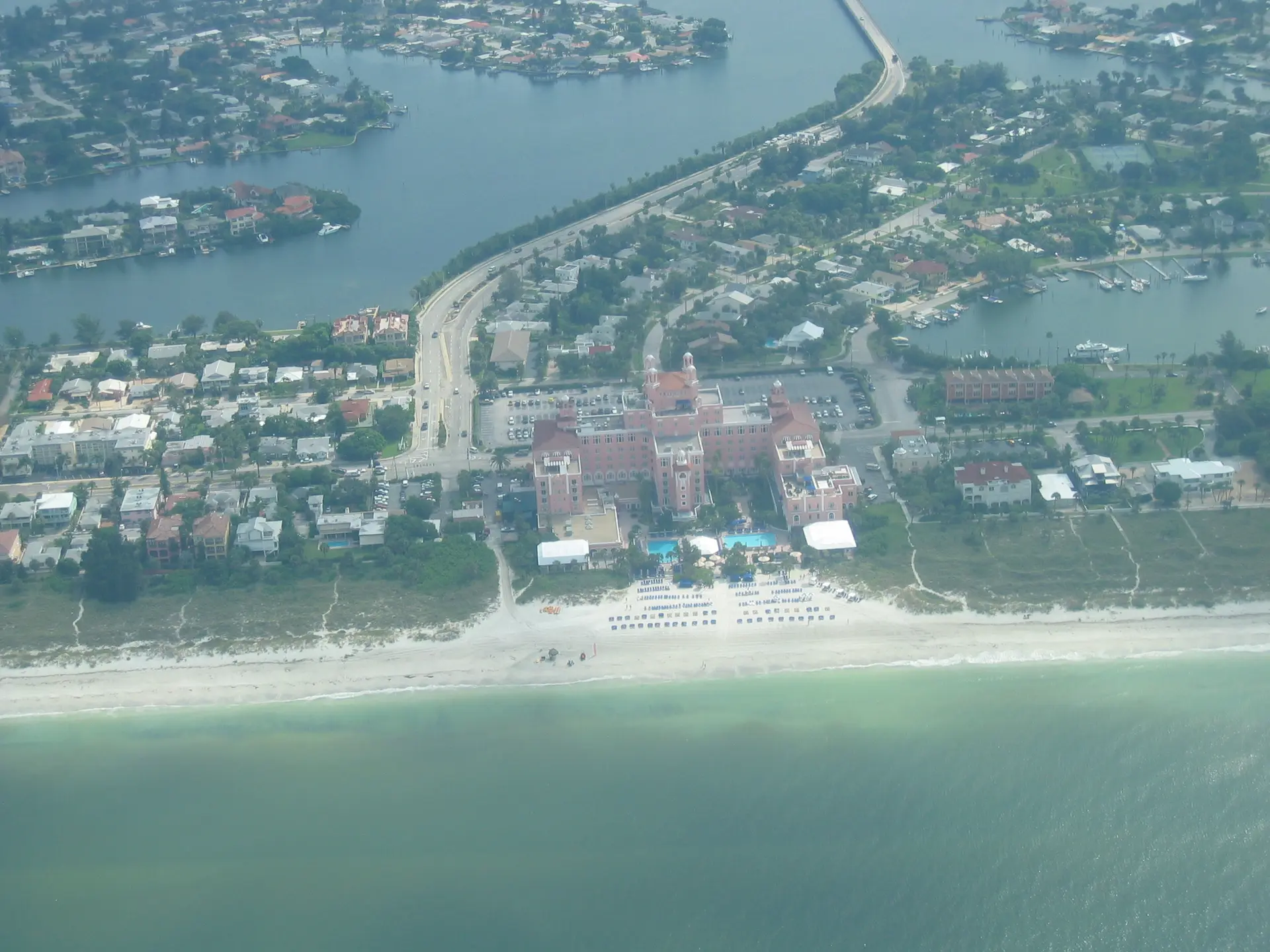 Aerial view of the pink Don CeSar hotel on St. Pete Beach