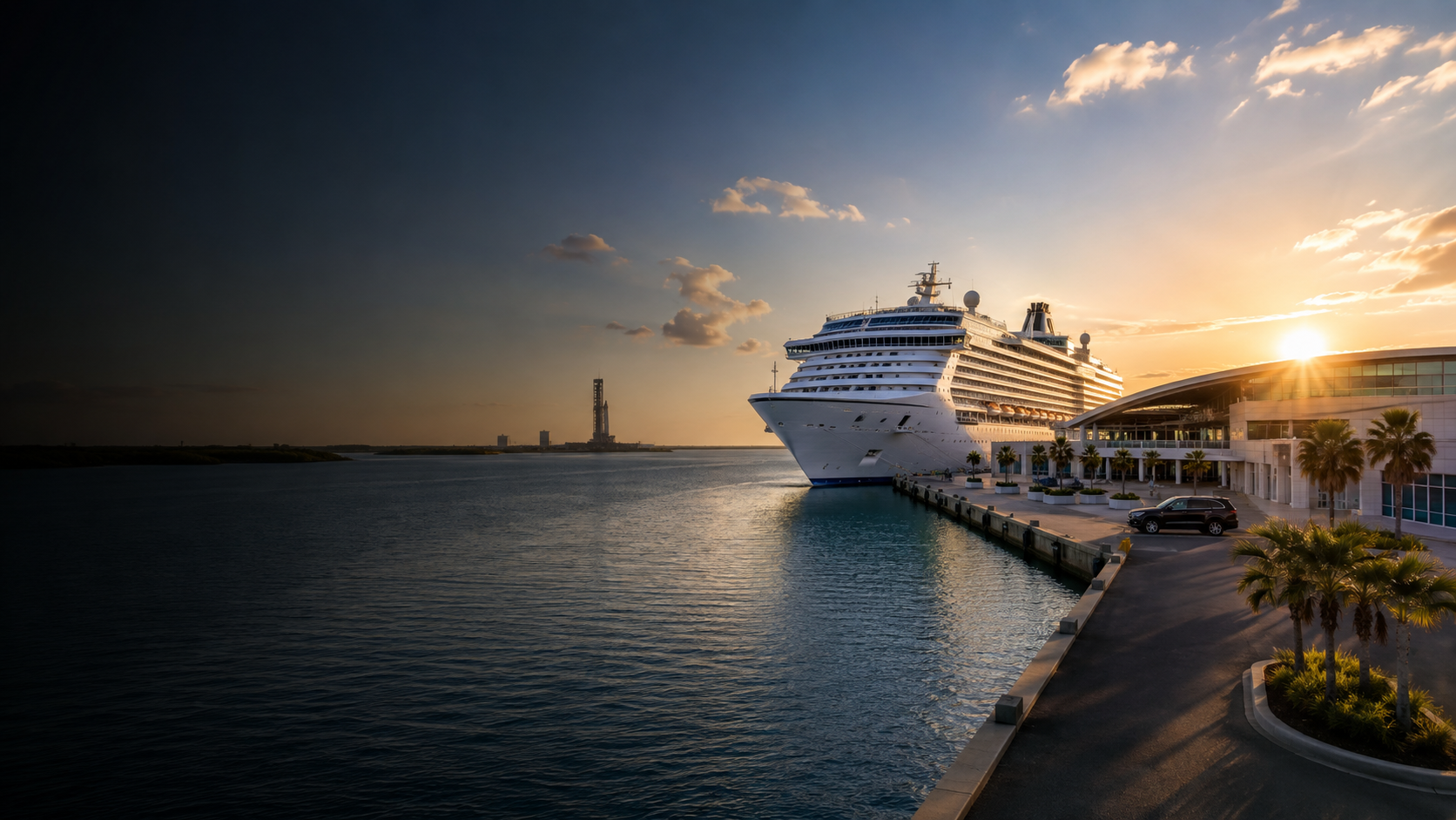 Port Canaveral cruise terminal, ship, coastal waterway, and distant Space Coast launch tower at sunrise