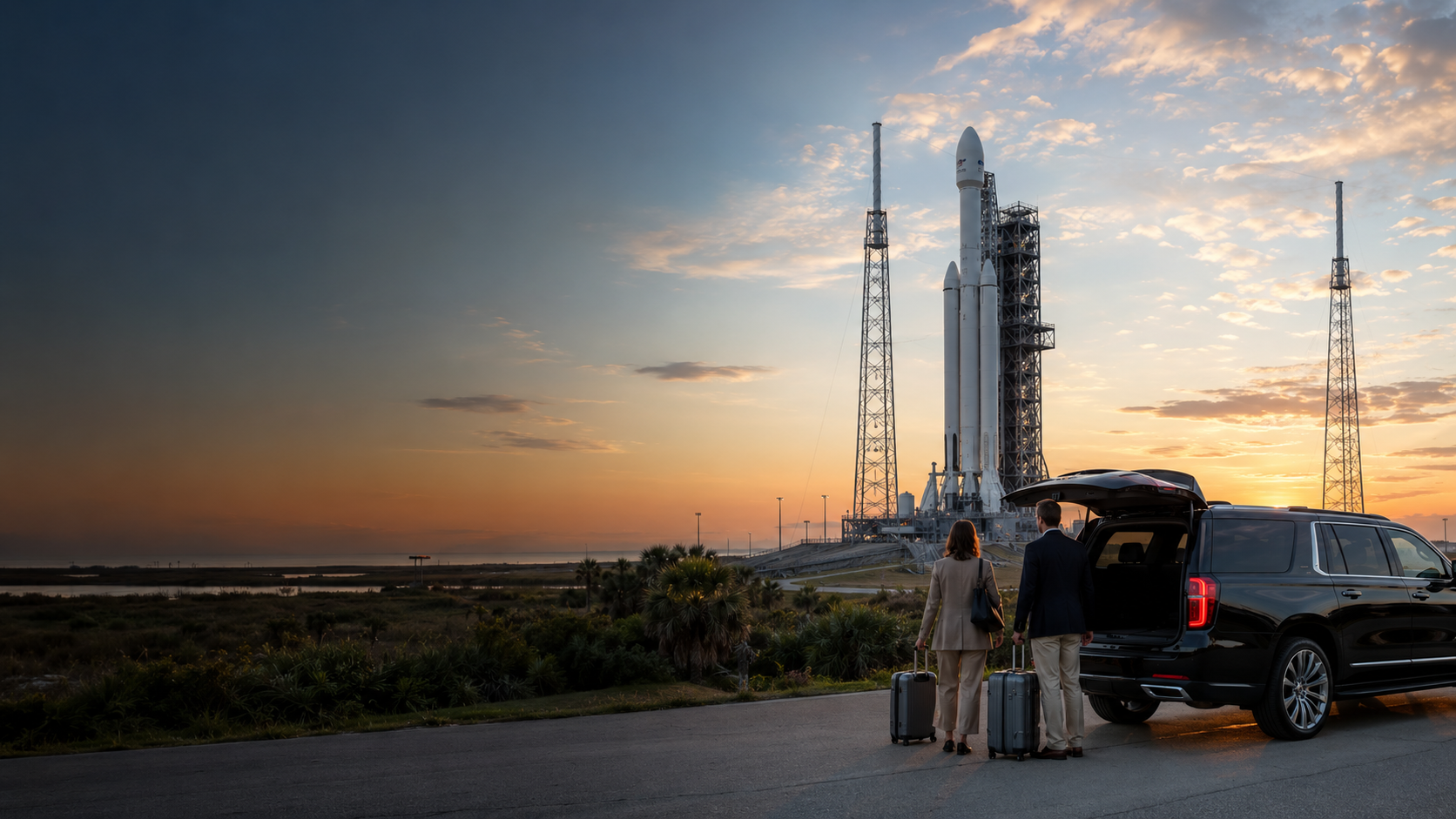 Travelers with luggage beside a black luxury SUV overlooking a rocket on a Cape Canaveral launch pad at sunrise