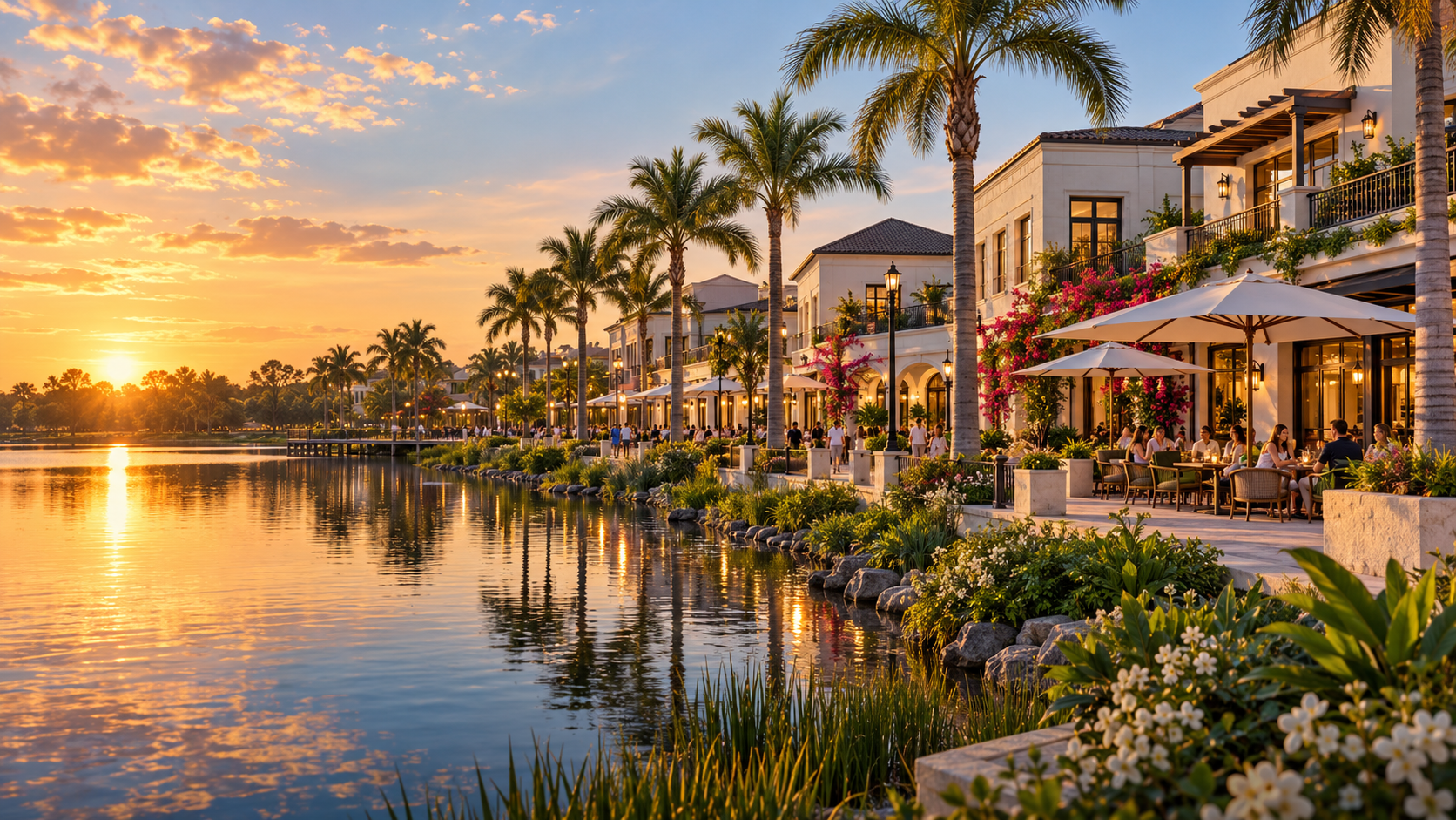 AI-generated illustration of a Florida lakeside town center inspired by Lakewood Ranch; not a photograph of the destination