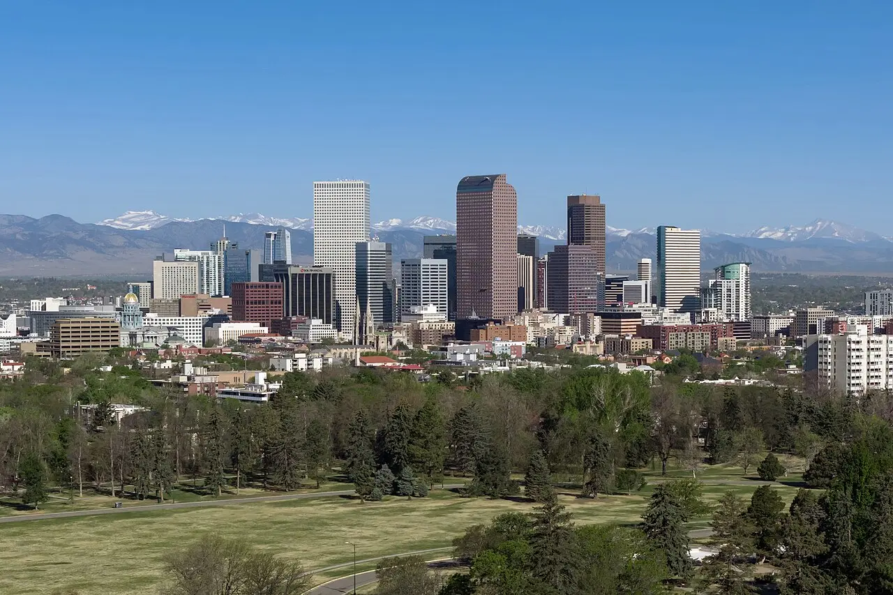 Denver skyline and Rocky Mountains