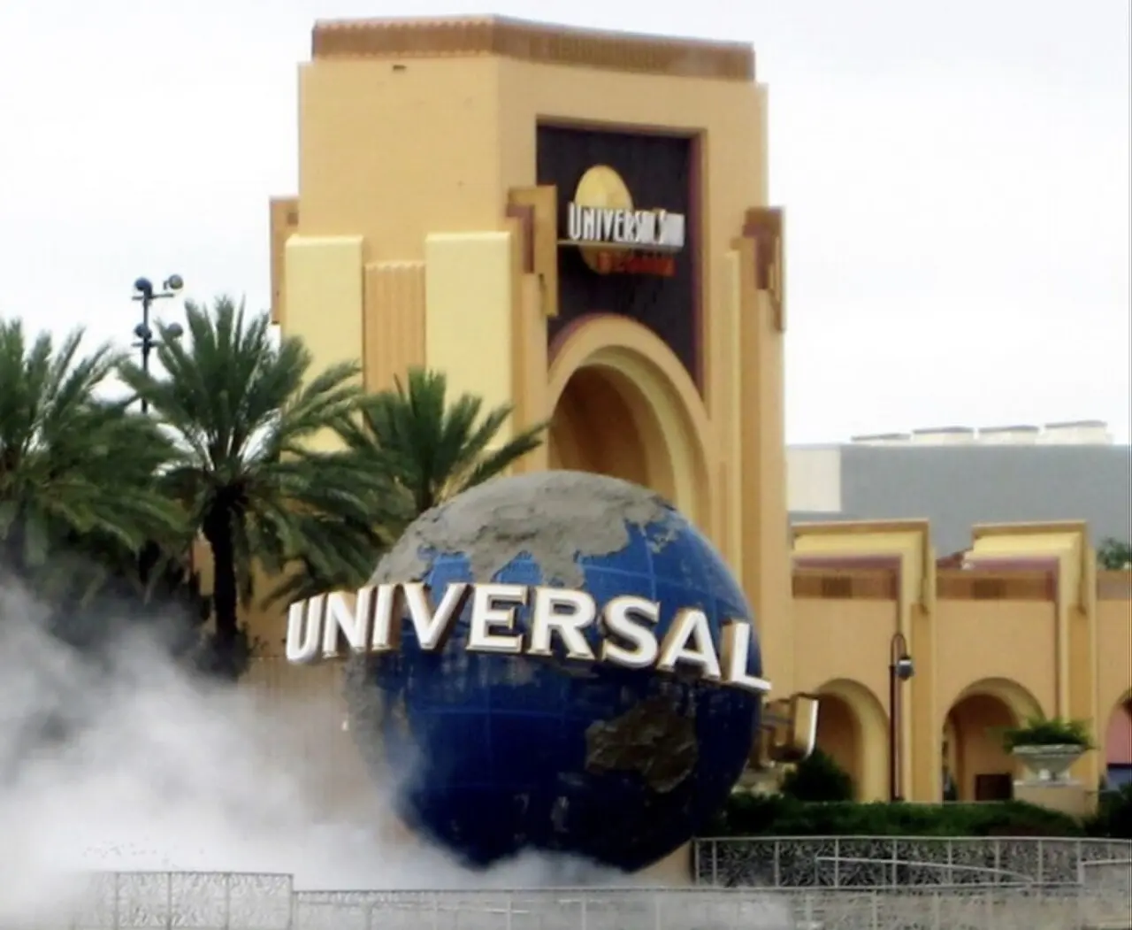The Universal Orlando globe in front of the entrance to the Universal Studios park
