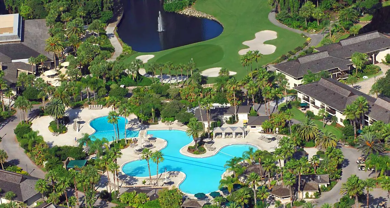 Aerial view of the pool and landscaped grounds at Saddlebrook Resort