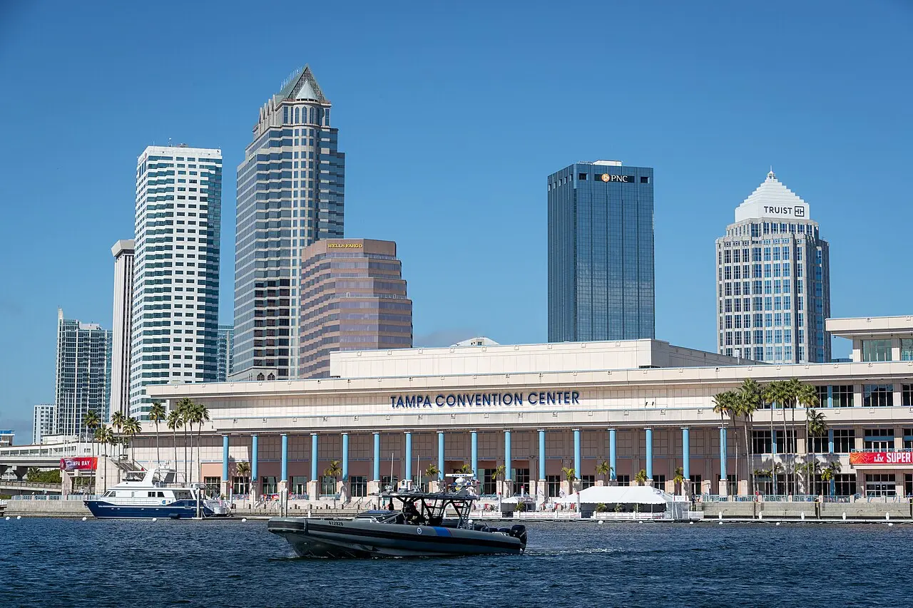 Tampa Convention Center on the waterfront with downtown Tampa in the background