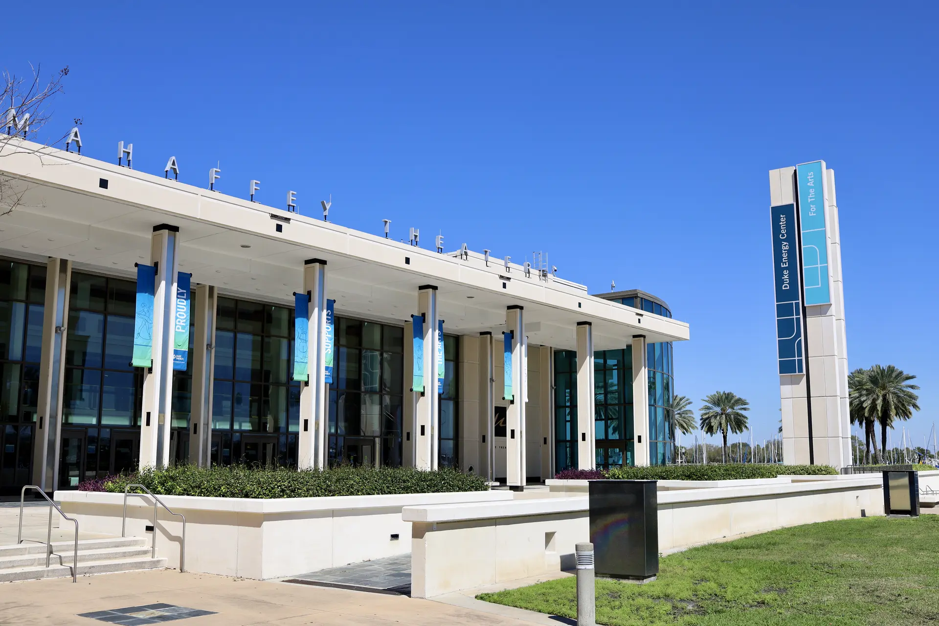 Mahaffey Theater entrance, colonnade and sign in downtown St. Petersburg