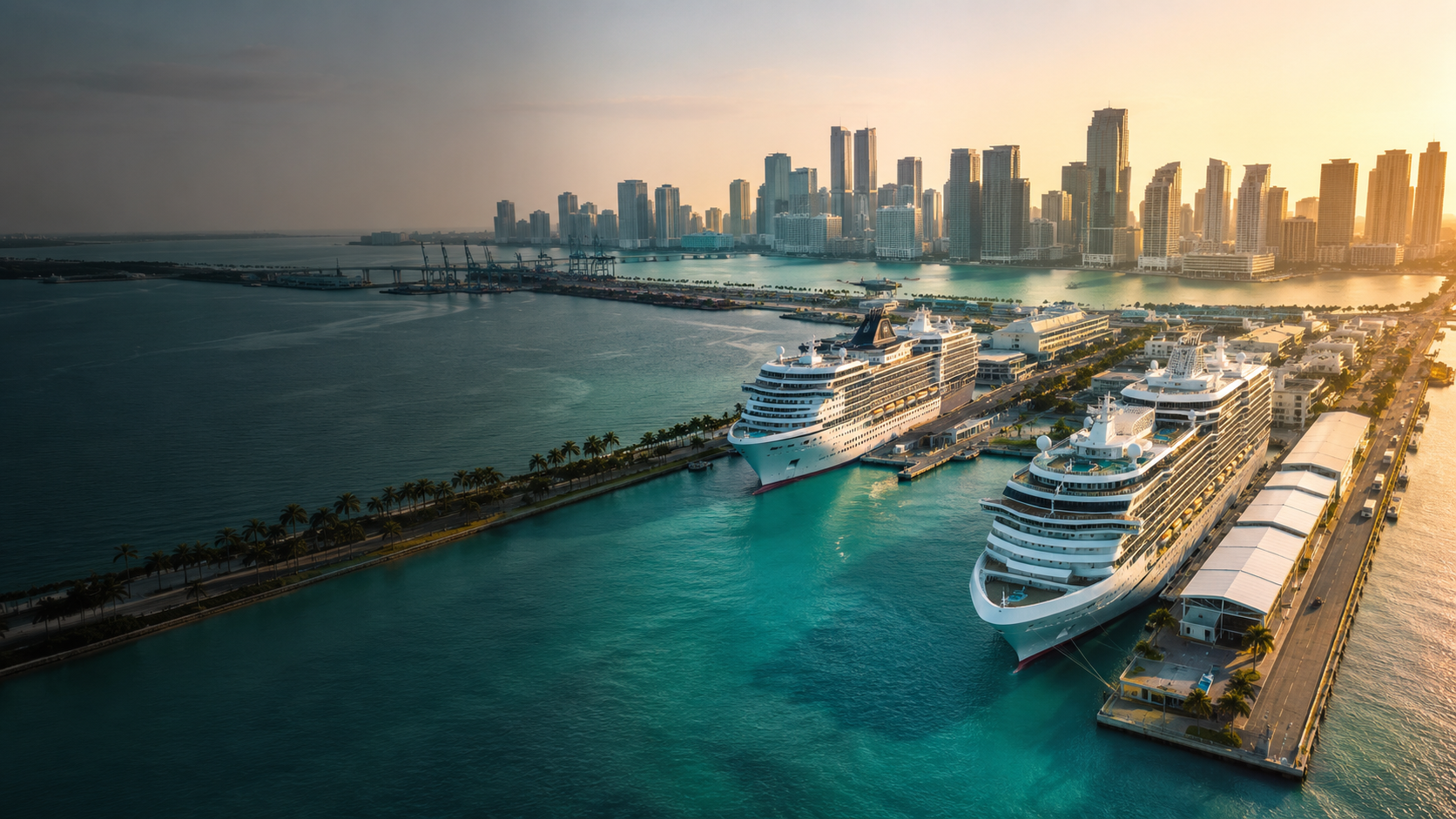 Aerial view of two cruise ships at PortMiami with turquoise water, palm-lined terminals, and the Miami skyline at golden hour