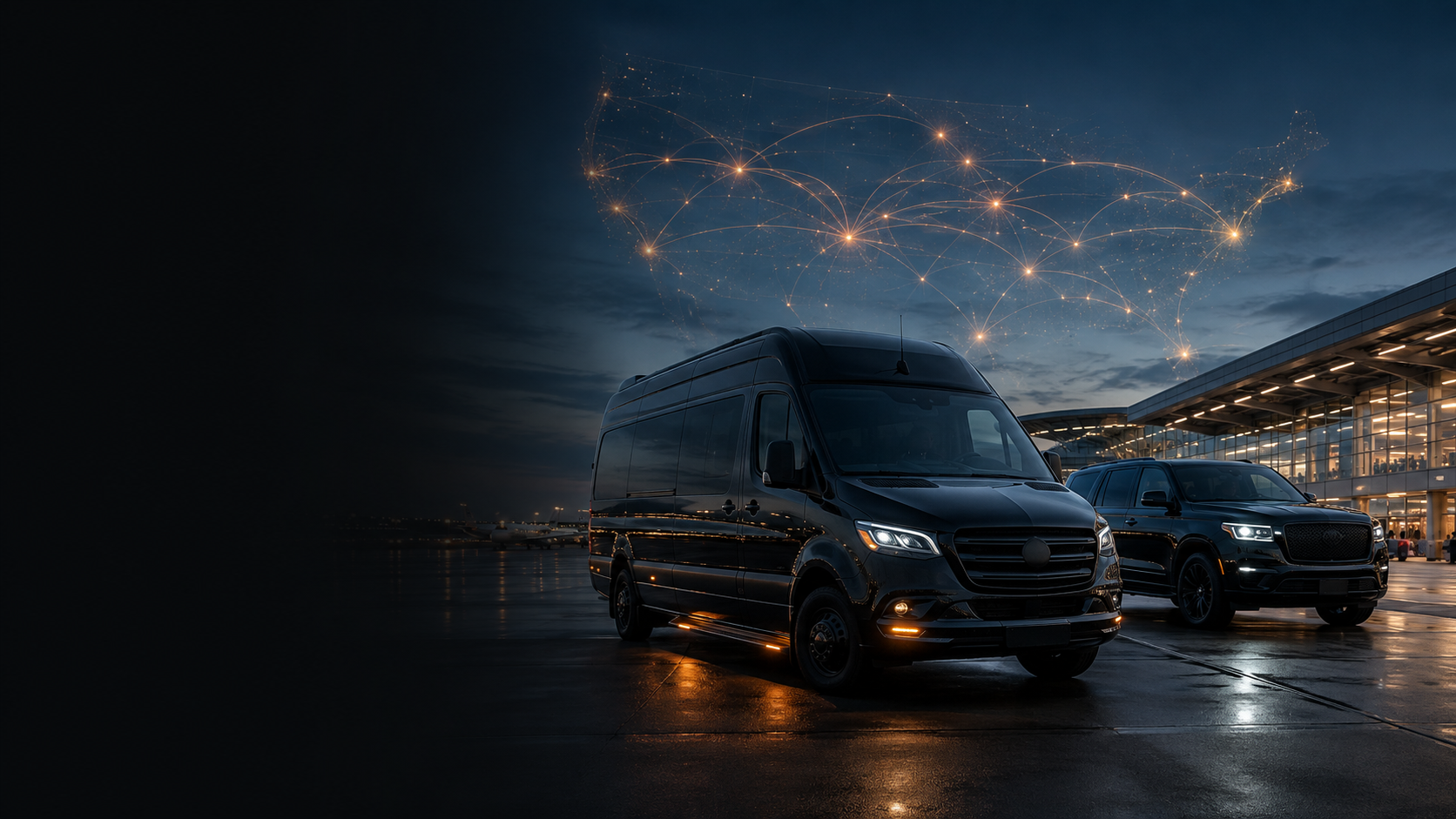Black executive Sprinter and luxury SUV at a U.S. airport beneath a nationwide network of connected city routes