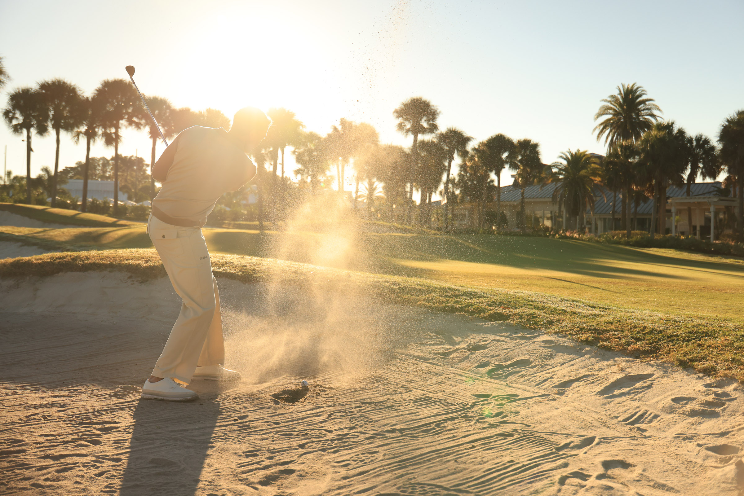 Golfer at Saddlebrook Resort with palm trees and resort buildings in Wesley Chapel