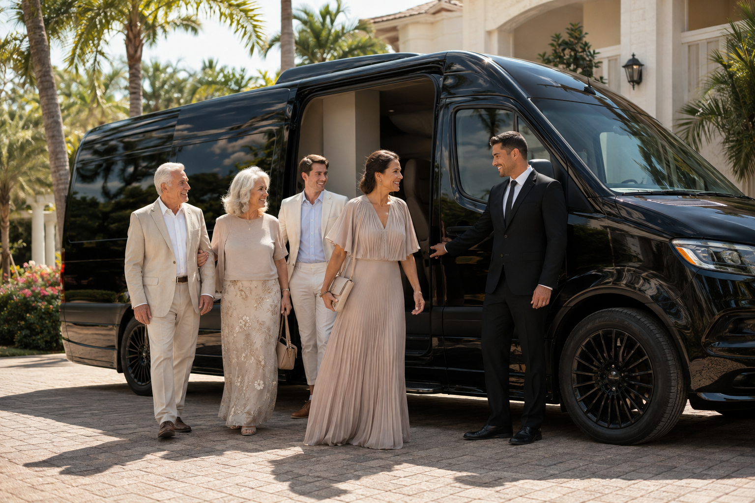 Elegant group and chauffeur arriving in a sporty black-on-black Sprinter with black wheels at a Florida event venue