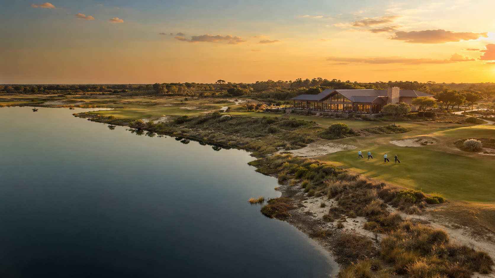 Secluded Central Florida golf resort beside water at golden hour