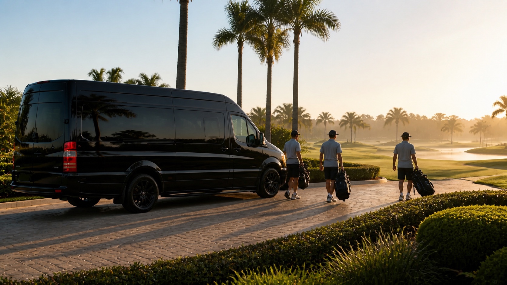 Young golfers seen from behind walking from an unmarked black passenger van toward a generic Florida golf course