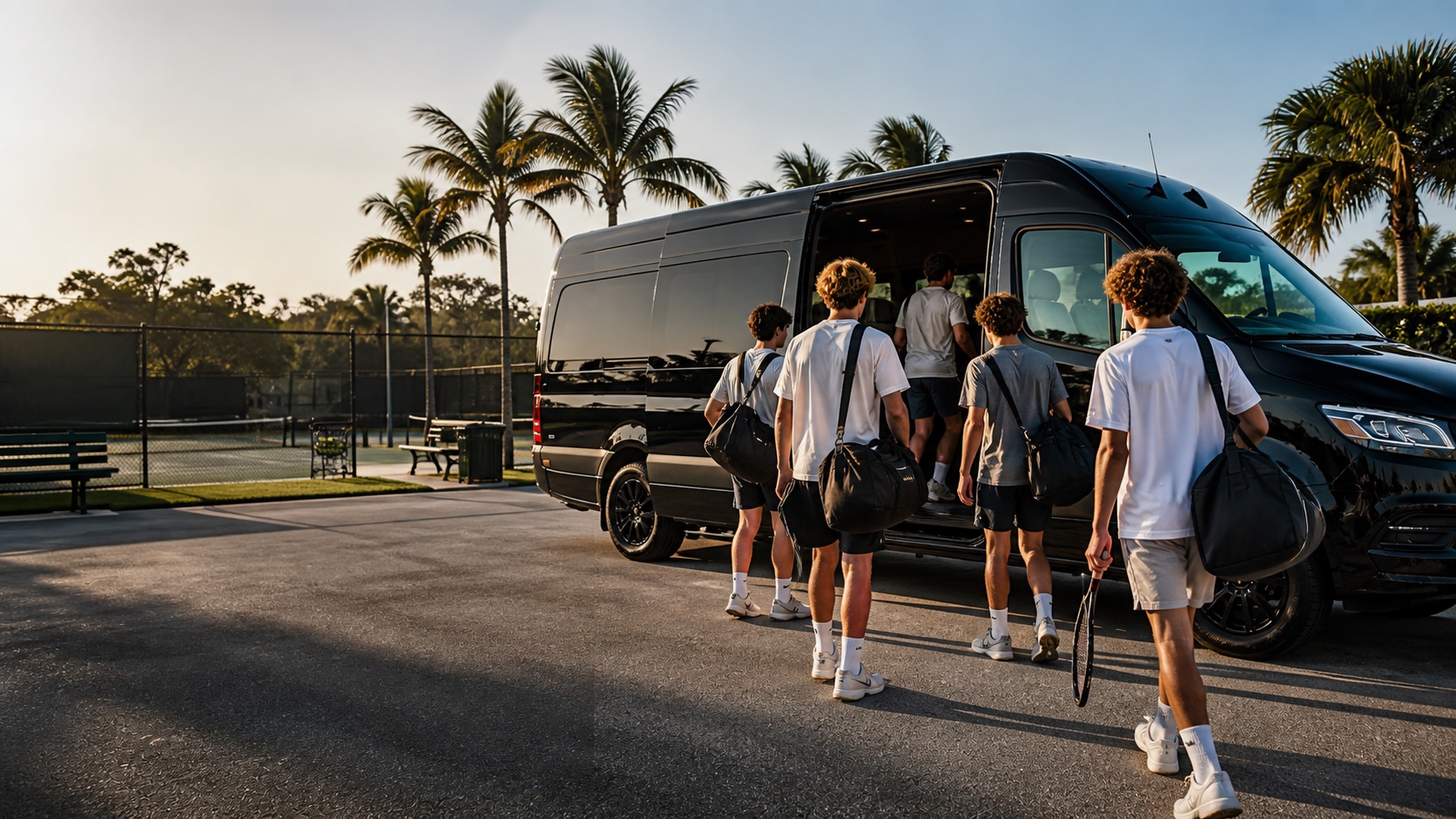 Student tennis players seen from behind boarding an unmarked black passenger van at a generic Florida tennis complex